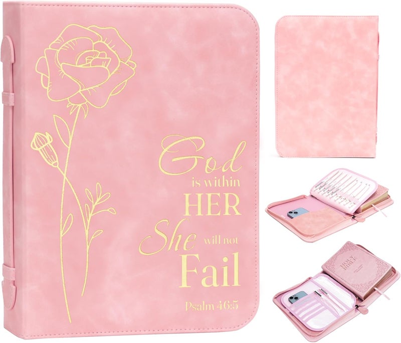 GUEER Bible Cover for Women, Bible Holder, Bible Cover Carrier Carrying Organizer Bag, God is Within Her She Will Not Fall, Zipper and Pockets for Standard Size Bible, Gift for Women(Pink-glod) - Image 1